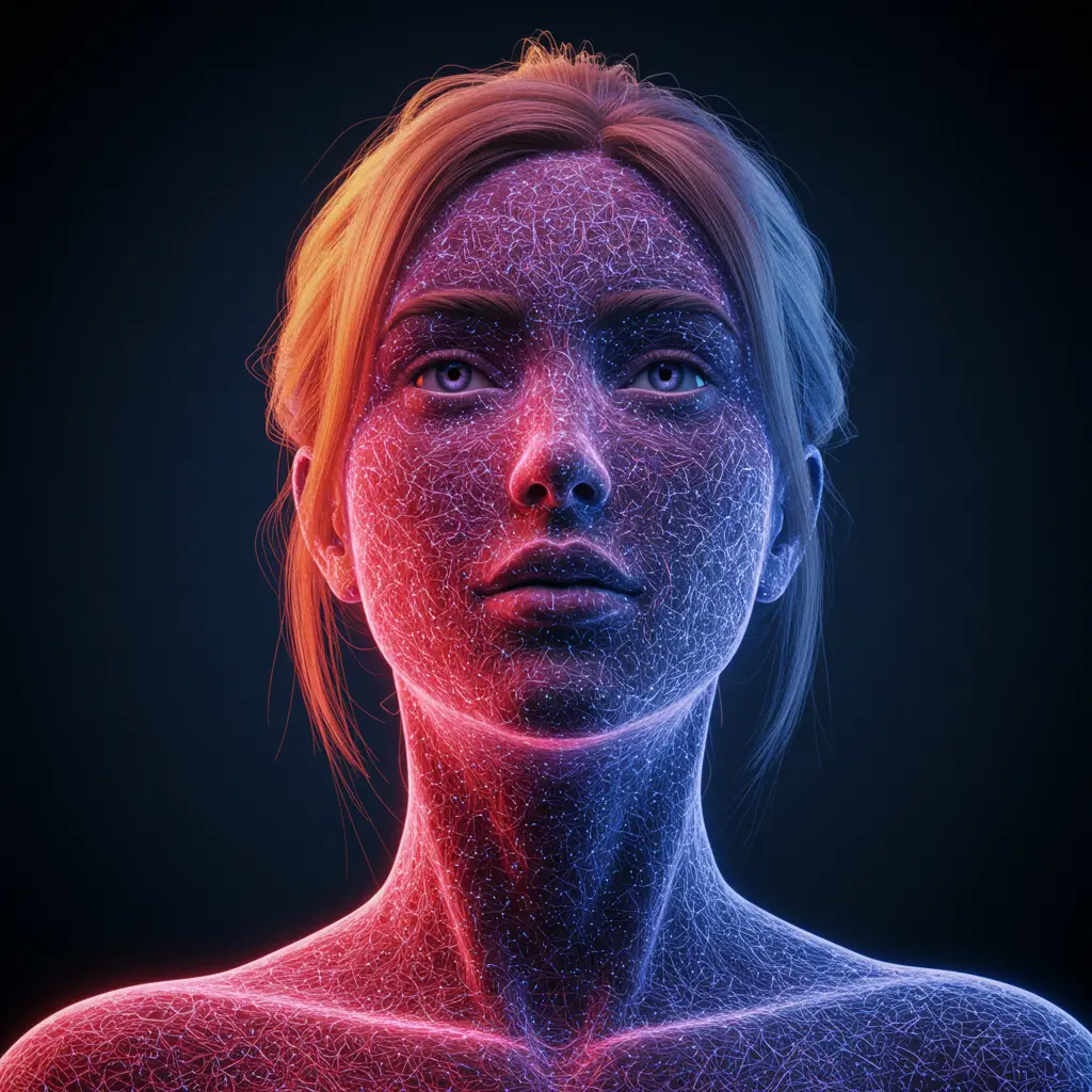 Futuristic AI-generated human faces with glowing digital networks representing the impact and advancements of generative AI in various industries.