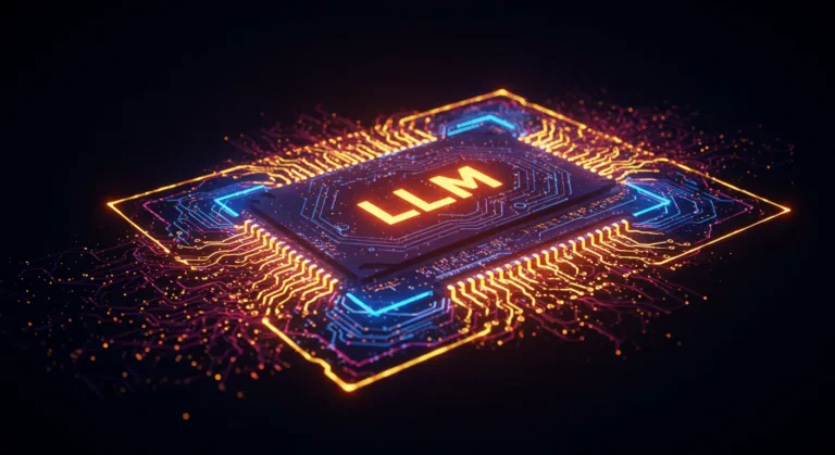 Circuit board with 'LLM' text, highlighting the technological infrastructure of Large Language Models in AI systems.