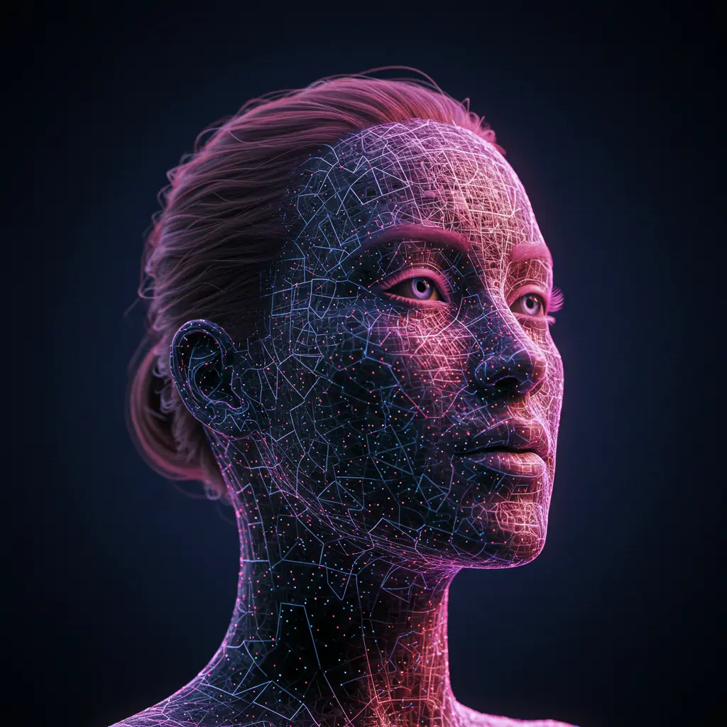 Futuristic AI-generated human faces with glowing digital networks representing the impact and advancements of generative AI in various industries.