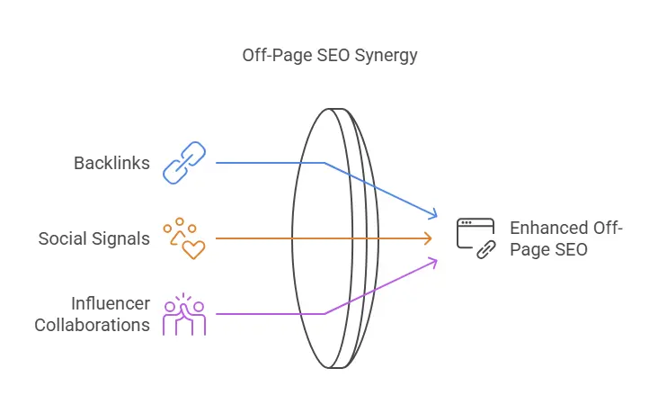 SEO Strategies for 2025: A Comprehensive Guide 3 Diagram illustrating Off-Page SEO synergy, showing how Backlinks, Social Signals, and Influencer Collaborations contribute to Enhanced Off-Page SEO as key components of effective SEO strategies.