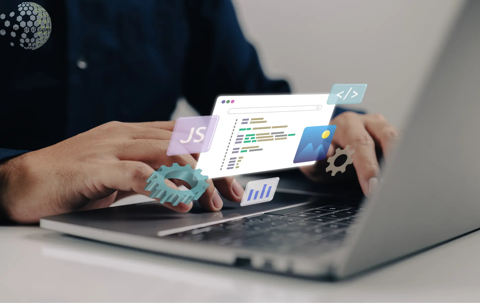 Website speed optimization with code and data analysis on laptop screen