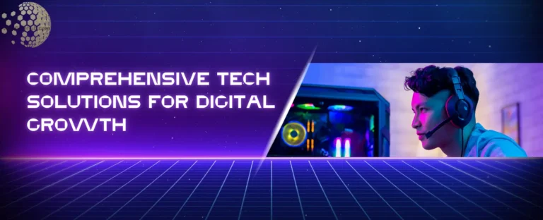 Comprehensive Tech Solutions for Digital Growth 6 Tech professional working with headphones in a digital workspace, showcasing comprehensive tech solutions for digital growth with modern technology and infrastructure.