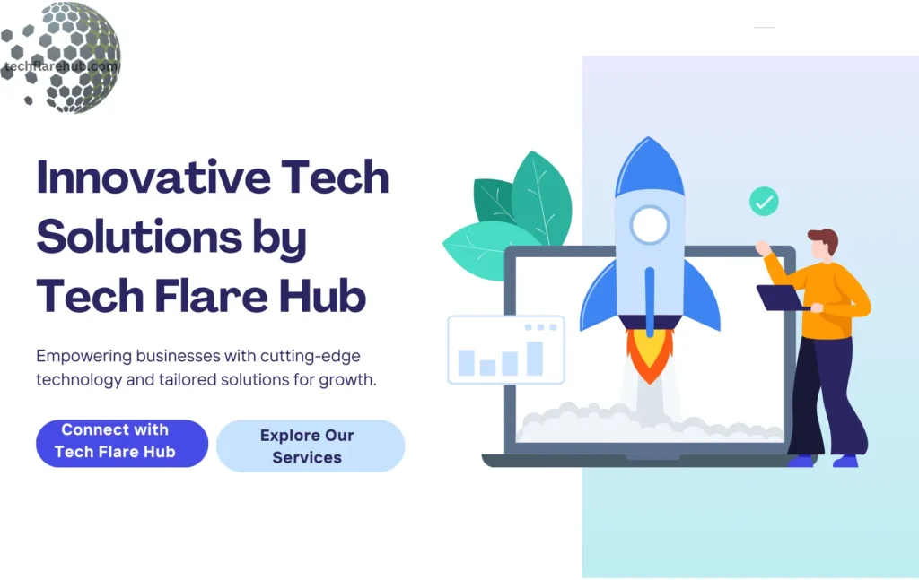 Innovative tech solutions by TechFlareHub, with a focus on business growth and cutting-edge technology, featuring a rocket symbolizing progress and success.