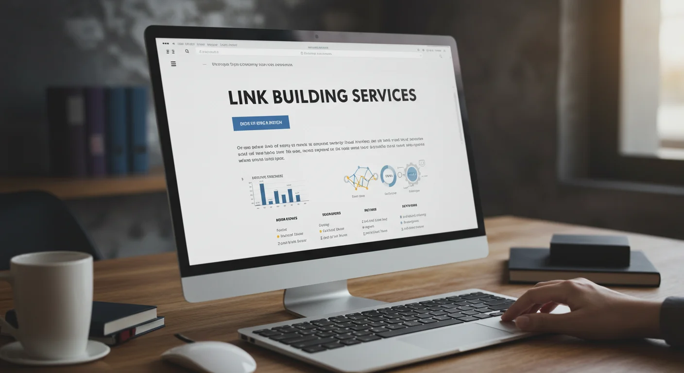 Keyword Research 4 Link building services concept with a person viewing a website on a laptop.