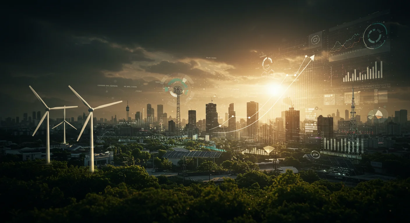 Digital Growth: Expanding Your Online Footprint 4 Visualization of sustainable digital growth, featuring wind turbines and city skyline with data analytics and graphs symbolizing progress in eco-friendly digital innovation.