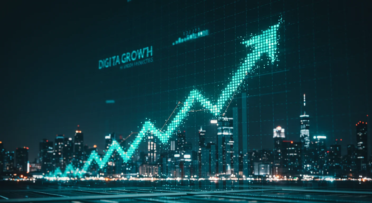 Digital Growth: Expanding Your Online Footprint 1 Digital growth visualization with upward graph and city skyline representing business success and brand visibility.